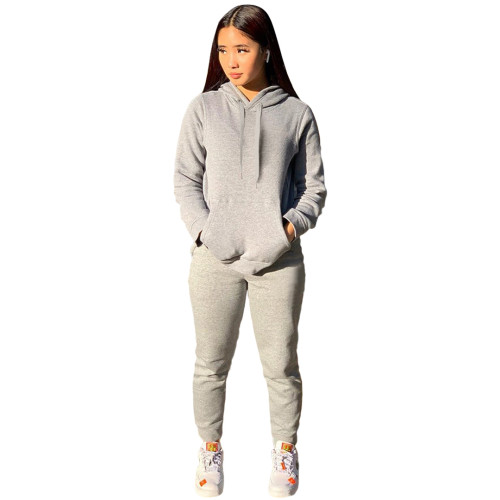 Grey Women's 2 Piece Solid Sweatsuit Long Sleeve Hoodies Sweatpants Sets Tracksuit