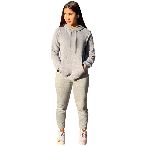 Grey Women's 2 Piece Solid Sweatsuit Long Sleeve Hoodies Sweatpants Sets Tracksuit