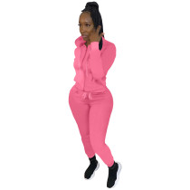 Solid Color Twill Zipper Tracksuit Hoodie Pant Set For Women