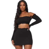 Solid Color Tight Off Shoulder Crop Top Two-Piece Skirt Set