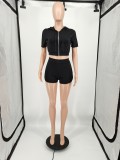 Casual Black Zipper Crop Top 2 Piece Set with Hooded
