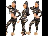 Casual Camouflage Print Sexi Two Piec Hooded Women Fall Sets
