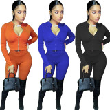 Solid Color Zipper Two Piece Long Fall Set