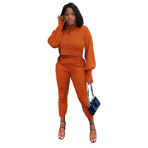 Solid Color Orange High Neck Zipper Lantern Sleeve Two Piece Outfits