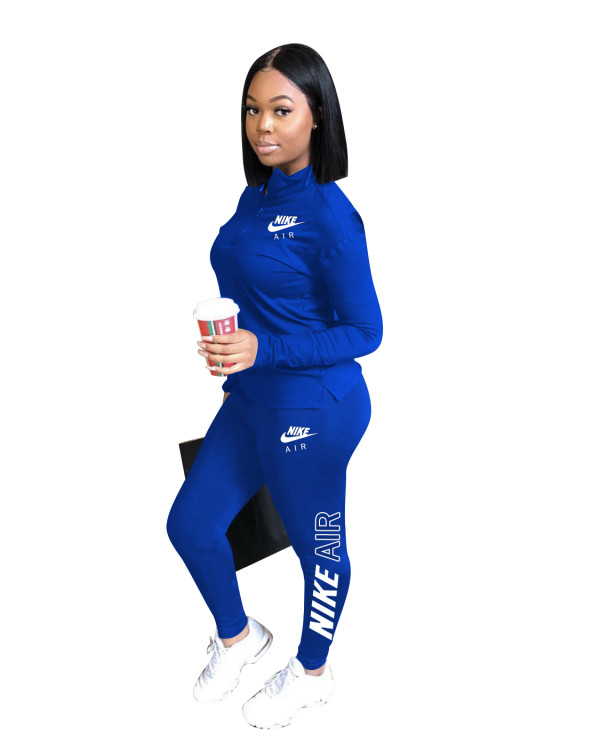 Autumn Winter Blue Sports Embroidery Two Piece Fall 2021 Women Clothes
