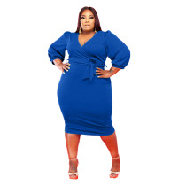 Blue Fat Lady Fall V-neck Puff Sleeve Mid Dress with Belt