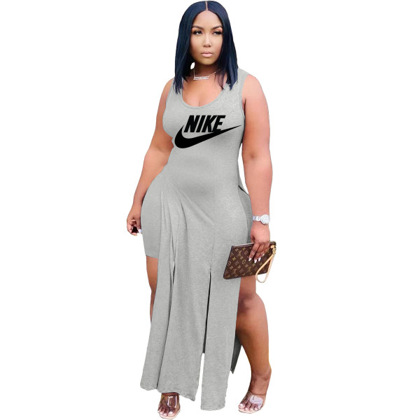 Solid Color Grey Printed Two Piece Sets Sleeveless Slit Long Dress and Shorts