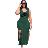 Solid Color Green Printed Two Piece Sets Sleeveless Slit Long Dress and Shorts