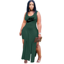 Solid Color Green Printed Two Piece Sets Sleeveless Slit Long Dress and Shorts