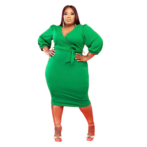 Green Fat Lady Fall V-neck Puff Sleeve Mid Dress with Belt
