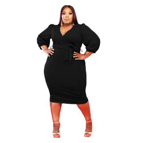 Black Fat Lady Fall V-neck Puff Sleeve Mid Dress with Belt