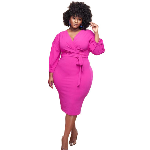 Rose Fat Lady Fall V-neck Puff Sleeve Mid Dress with Belt