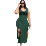 Solid Color Green Sleeveless Printed Two Piece Set Slit Long Dress and Shorts