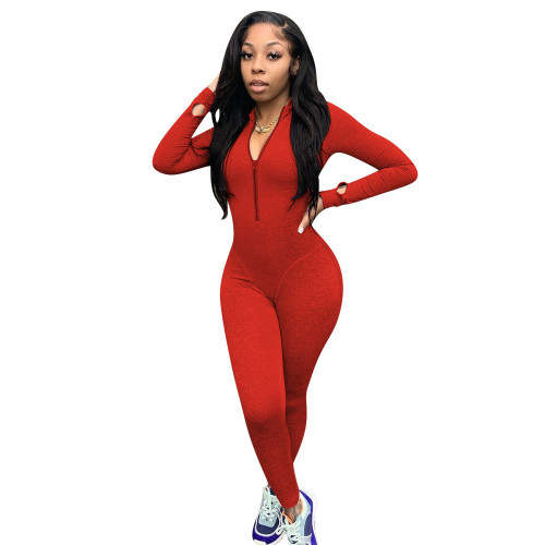 Solid Color Red Long Sleeve Zipper Jumpsuit