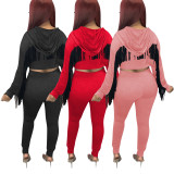 Two Piece Imitation Cotton Hooded Sports Tracksuit Pant Set with Tassels Back