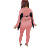 Two Piece Imitation Cotton Hooded Sports Tracksuit Pant Set with Tassels Back