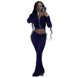Solid Color Royal Blue High Neck Zipper Crop Top & Drawstring Flared Pants with 4 Pocket