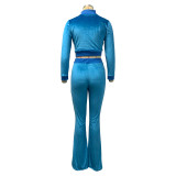 Solid Color Light Blue High Neck Zipper Crop Top & Drawstring Flared Pants with 4 Pocket