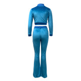 Solid Color Light Blue High Neck Zipper Crop Top & Drawstring Flared Pants with 4 Pocket