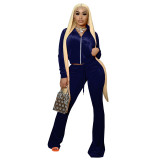 Solid Color Royal Blue High Neck Zipper Crop Top & Drawstring Flared Pants with 4 Pocket