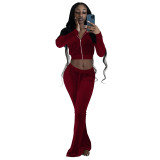 Solid Color Wine Red High Neck Zipper Crop Top & Drawstring Flared Pants with 4 Pocket