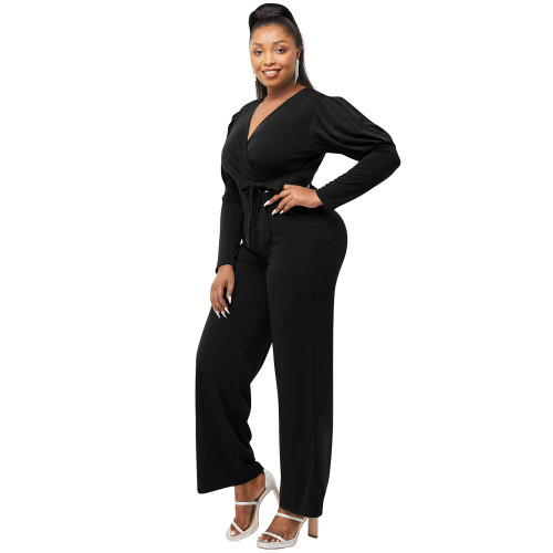 Solid Color Black Playsuit For Women V Neck Puff Sleeve Jumpsuit With Belt