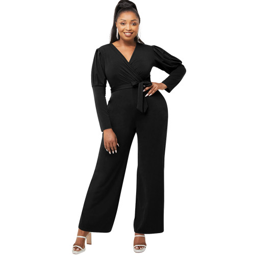 Solid Color Black Playsuit For Women V Neck Puff Sleeve Jumpsuit With Belt
