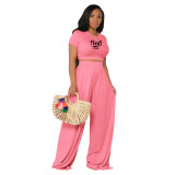Pink Cotton Printed Plain Short Sleeve Crop Top & Wide Leg Pants Set