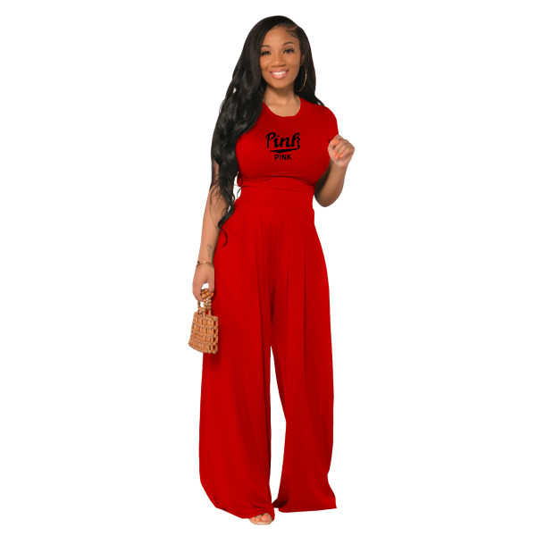 Red Cotton Printed Plain Short Sleeve Crop Top & Wide Leg Pants Set