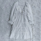 Solid Color White Lace-up Cut-out Ruffle Mini Dress