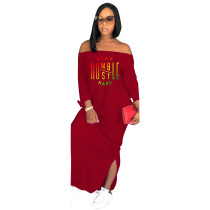 Autumn Vestido Fashion Wine Red Off The Shoulder Slit Printed Maxi Dress