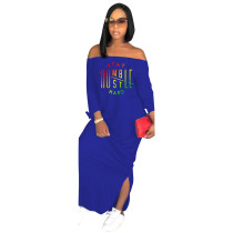 Autumn Vestido Fashion Blue Off The Shoulder Slit Printed Maxi Dress