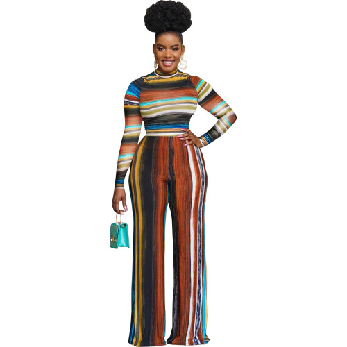 Casual High Neck Striped Two Piece Set