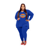 Fat Women Blue Printed Plus Size 5XL Split Two Piece Outfits