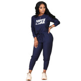 Women Navy Blue Fall Clothes Printed Sports Drawstring Trousers Set with Pockets