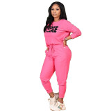 Women Pink Fall Clothes Printed Sports Drawstring Trousers Set with Pockets