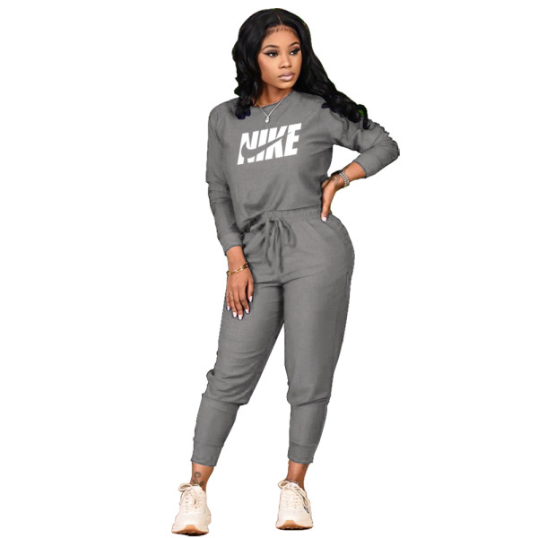 Women Grey Fall Clothes Printed Sports Drawstring Trousers Set with Pockets