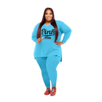 Fat Women Printed V-neck Plus Size 5XL Split Two Piece Clothing Set