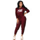 Women Wine Red Fall Clothes Printed Sports Drawstring Trousers Set with Pockets
