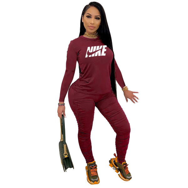 Fall Wine Red Printed Nike Stacked Pants Sets For Women