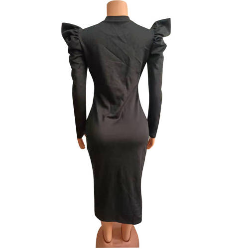 Sexy Black Zipper Puff Sleeve Plus Size Women Mid Dresses