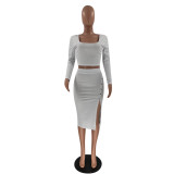 Solid Color White Square Neck Crop Top & Slit Midi Skirt Set