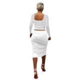 Solid Color White Square Neck Crop Top & Slit Midi Skirt Set