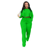 Autumn Solid Green High-Low Top & Pants Set