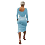 Solid Color Square Neck Crop Top & Slit Midi Skirt Set