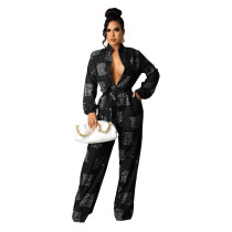 Casual Black Long Sleeve Printed T-shirt Jumpsuit with Belt