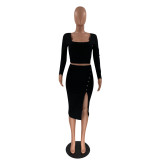 Solid Color Black Square Neck Crop Top & Slit Midi Skirt Set