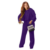 Autumn Solid Purple High-Low Top & Pants Set