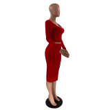 Solid Color Red Square Neck Crop Top & Slit Midi Skirt Set