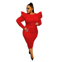 Sexy Red Zipper Puff Sleeve Plus Size Women Mid Dresses